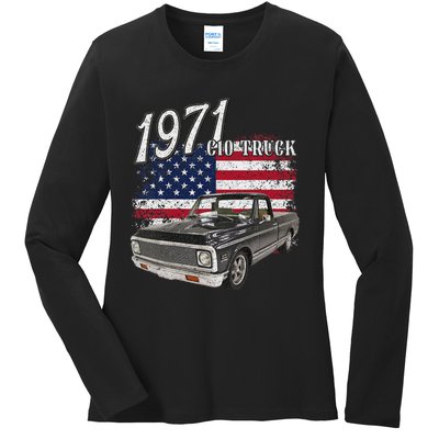 1971 71 C10 Truck Vintage 4th Of July American Flag Ladies Long Sleeve Shirt