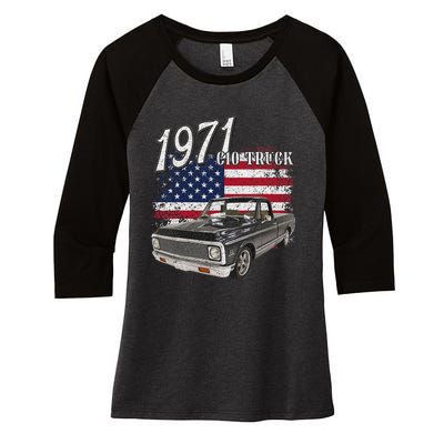 1971 71 C10 Truck Vintage 4th Of July American Flag Women's Tri-Blend 3/4-Sleeve Raglan Shirt