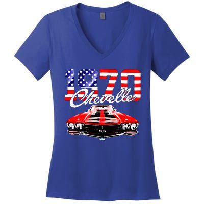 1970 70 Chevelle Ss Trending Muscle Red White Car Women's V-Neck T-Shirt