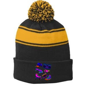 1980 Eighties Old School Retro Neon Stripe Pom Pom Beanie