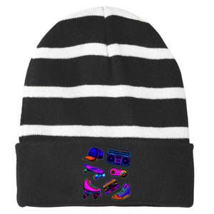 1980 Eighties Old School Retro Neon Striped Beanie with Solid Band