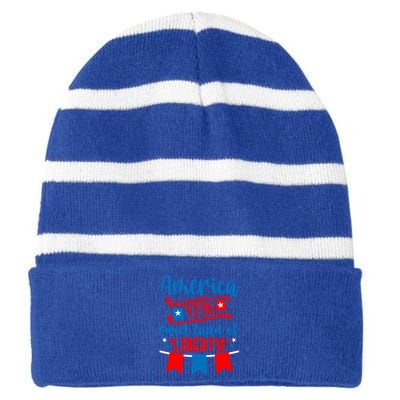 1776 America Sweet Land Of Liberty 4th Of July Patriotic Gift Striped Beanie with Solid Band