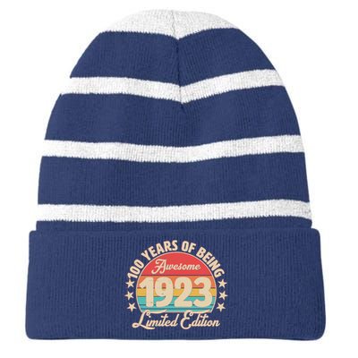 1923 Birthday 100 Years Of Of Being Awesome Limited Edition Striped Beanie with Solid Band