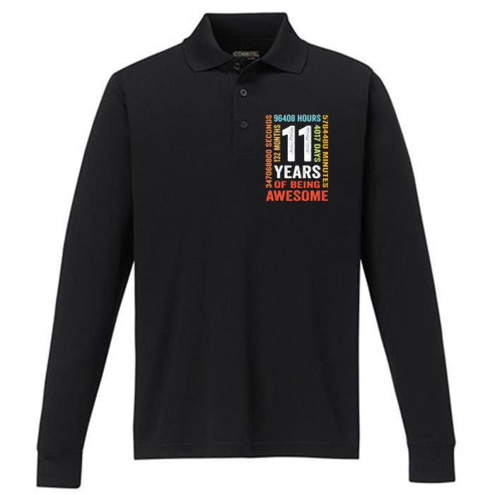 11th Birthday 11 Years Old Vintage Retro 132 Months Performance Long Sleeve Polo