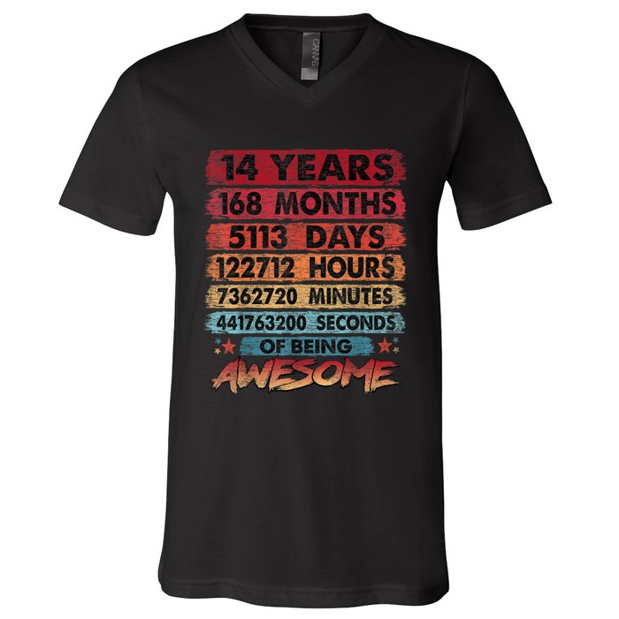 14th Birthday 14 Years Old Vintage Retro 168 Months Birthday V-Neck T-Shirt