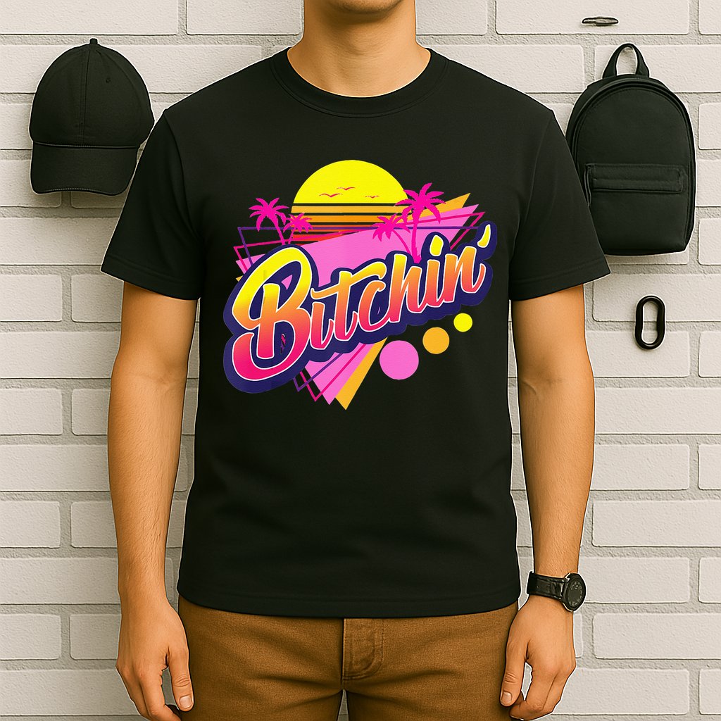 1980s Bitchin 80s Retro Vintage Palm Trees & Sunset Design T-Shirt