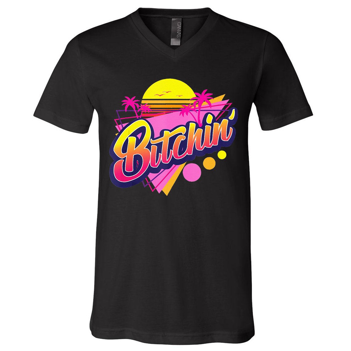 1980s Bitchin 80s Retro Vintage Palm Trees & Sunset Design V-Neck T-Shirt
