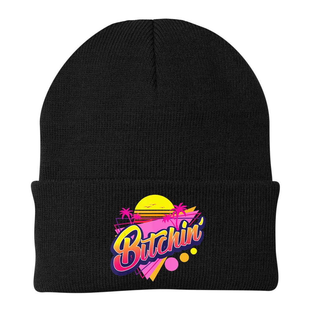 1980s Bitchin 80s Retro Vintage Palm Trees & Sunset Design Beanie