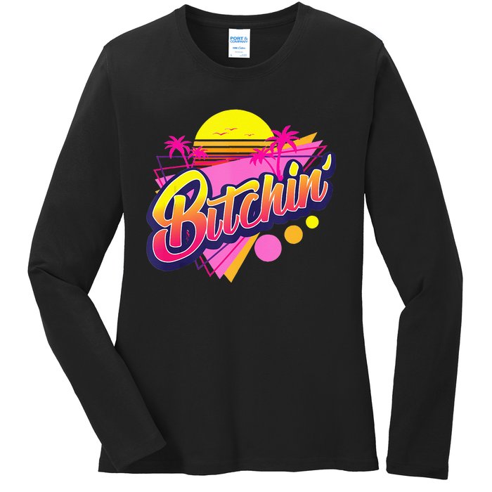 1980s Bitchin 80s Retro Vintage Palm Trees & Sunset Design Ladies Long Sleeve Shirt