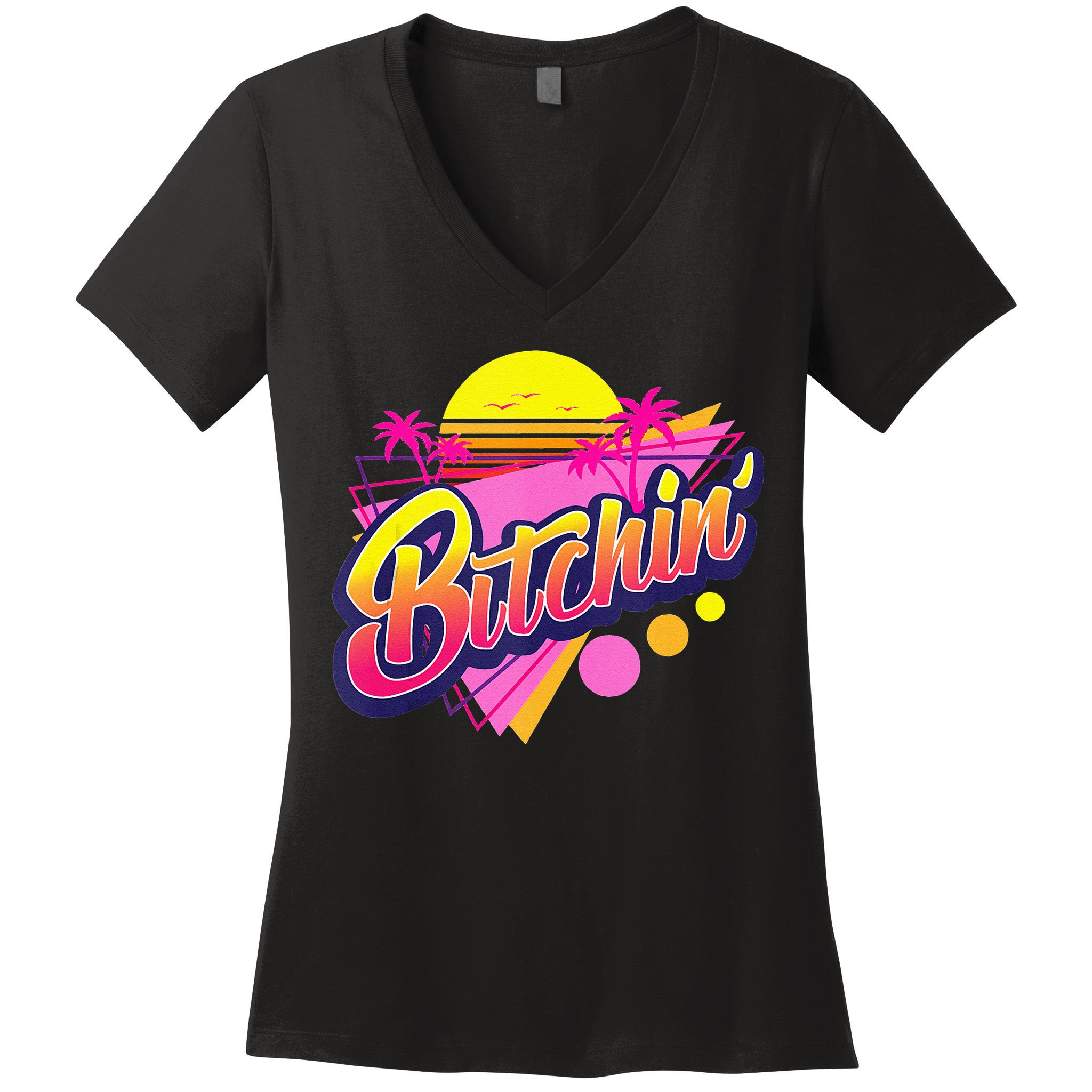 1980s Bitchin 80s Retro Vintage Palm Trees & Sunset Design Women's V-Neck T-Shirt