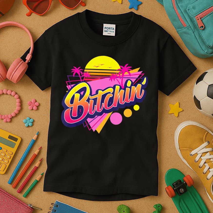 1980s Bitchin 80s Retro Vintage Palm Trees & Sunset Design Kids T-Shirt