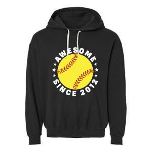 10th Birthday Awesome Since 2012 10 Years Old Softball Garment-Dyed Fleece Hoodie