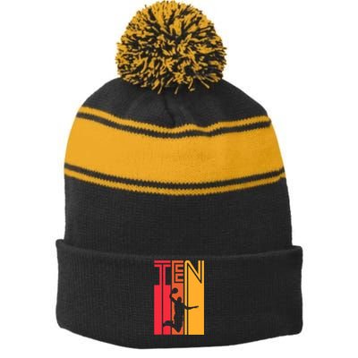 10th Birthday Basketball Lover Gift 10 Years Old Retro Stripe Pom Pom Beanie