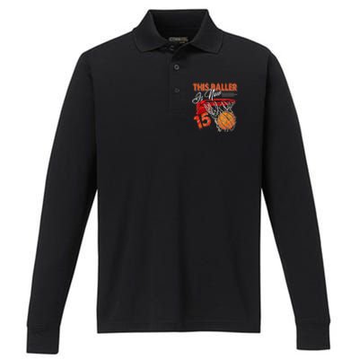 15th Birthday Basketball  Funny 15 Years Old  Gift Performance Long Sleeve Polo