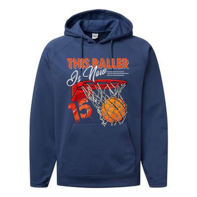 15th Birthday Basketball  Funny 15 Years Old  Gift Performance Fleece Hoodie