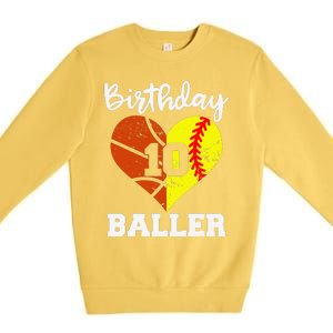 10th Birthday Baller Funny 10 Year Old Softball Basketball Premium Crewneck Sweatshirt