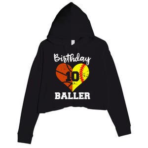 10th Birthday Baller Funny 10 Year Old Softball Basketball Crop Fleece Hoodie