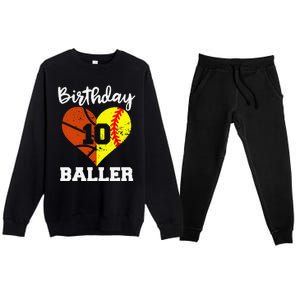 10th Birthday Baller Funny 10 Year Old Softball Basketball Premium Crewneck Sweatsuit Set