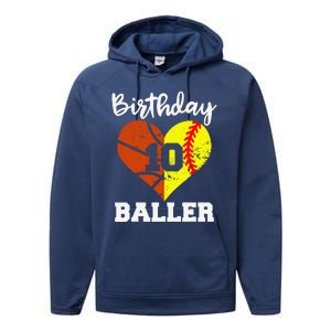 10th Birthday Baller Funny 10 Year Old Softball Basketball Performance Fleece Hoodie