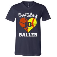 10th Birthday Baller Funny 10 Year Old Softball Basketball V-Neck T-Shirt