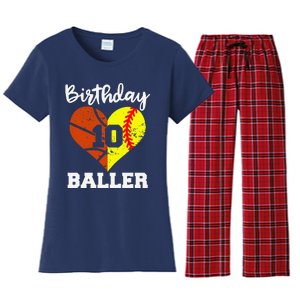 10th Birthday Baller Funny 10 Year Old Softball Basketball Women's Flannel Pajama Set