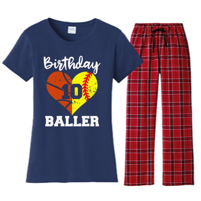 10th Birthday Baller Funny 10 Year Old Softball Basketball Women's Flannel Pajama Set