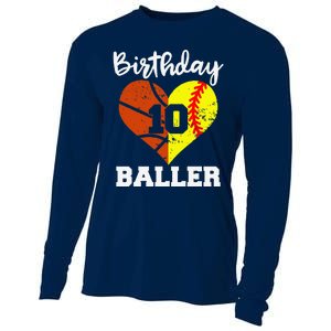 10th Birthday Baller Funny 10 Year Old Softball Basketball Cooling Performance Long Sleeve Crew