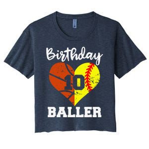 10th Birthday Baller Funny 10 Year Old Softball Basketball Women's Crop Top Tee