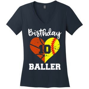 10th Birthday Baller Funny 10 Year Old Softball Basketball Women's V-Neck T-Shirt