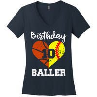 10th Birthday Baller Funny 10 Year Old Softball Basketball Women's V-Neck T-Shirt