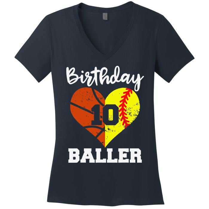 10th Birthday Baller Funny 10 Year Old Softball Basketball Women's V-Neck T-Shirt