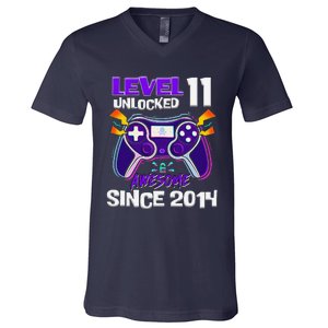 11th Birthday Boy Level 11 Unlocked Awesome Since 2014 V-Neck T-Shirt