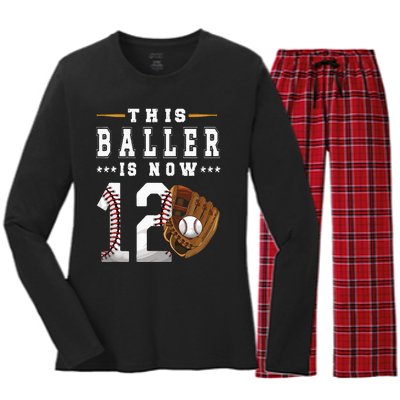 12th Birthday Baseball Boy Twelve Year Old Baseball Player Women's Long Sleeve Flannel Pajama Set 