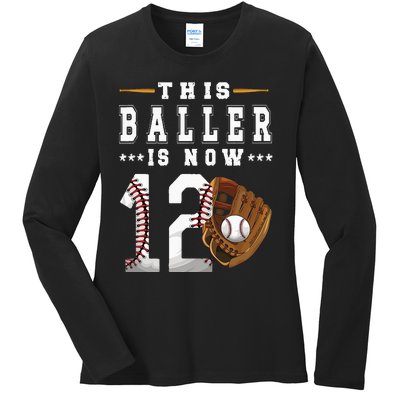 12th Birthday Baseball Boy Twelve Year Old Baseball Player Ladies Long Sleeve Shirt