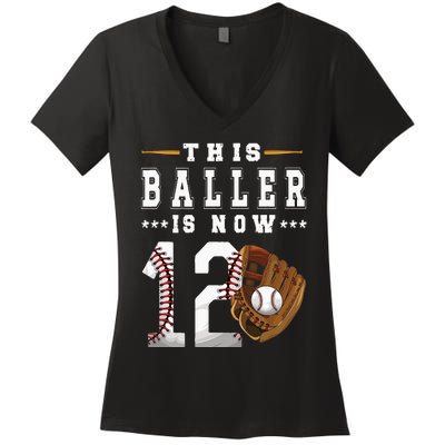 12th Birthday Baseball Boy Twelve Year Old Baseball Player Women's V-Neck T-Shirt