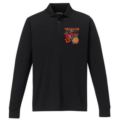 13th Birthday Basketball Funny 13 Years Old Performance Long Sleeve Polo