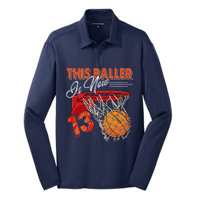 13th Birthday Basketball Funny 13 Years Old Silk Touch Performance Long Sleeve Polo