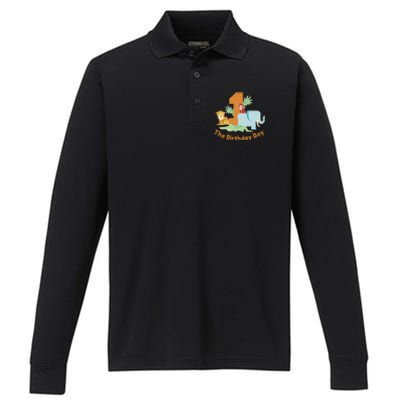 1st Birthday Boy Animal Jungle Performance Long Sleeve Polo