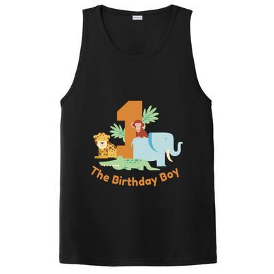 1st Birthday Boy Animal Jungle PosiCharge Competitor Tank