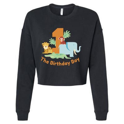 1st Birthday Boy Animal Jungle Cropped Pullover Crew