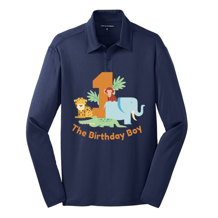 1st Birthday Boy Animal Jungle Silk Touch Performance Long Sleeve Polo