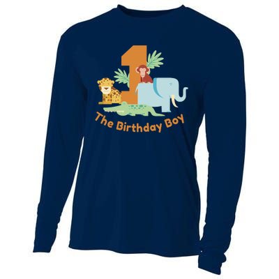 1st Birthday Boy Animal Jungle Cooling Performance Long Sleeve Crew