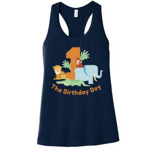 1st Birthday Boy Animal Jungle Women's Racerback Tank