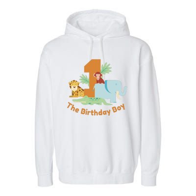 1st Birthday Boy Animal Jungle Garment-Dyed Fleece Hoodie