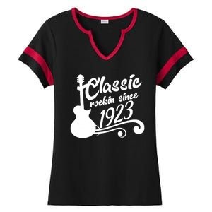 100th Birthday Classic Rockin Since 1923 Ladies Halftime Notch Neck Tee