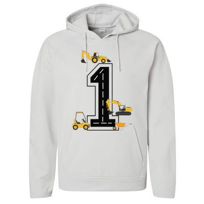 1st Birthday Crane Excavator Truck 1 Year Old Diggers Performance Fleece Hoodie