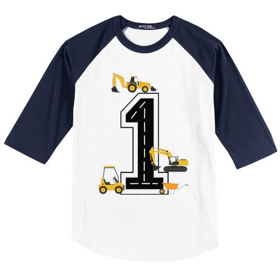 1st Birthday Crane Excavator Truck 1 Year Old Diggers Baseball Sleeve Shirt