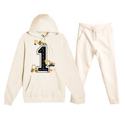 1st Birthday Crane Excavator Truck 1 Year Old Diggers Premium Hooded Sweatsuit Set