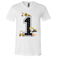 1st Birthday Crane Excavator Truck 1 Year Old Diggers V-Neck T-Shirt