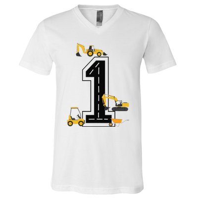 1st Birthday Crane Excavator Truck 1 Year Old Diggers V-Neck T-Shirt